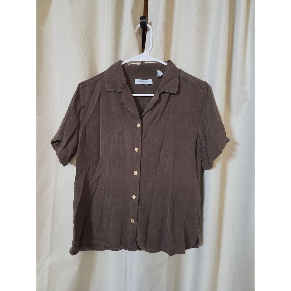 Valerie Stevens Casual 100% Silk Herringbone Shirt Brown Short Sleeve Medium